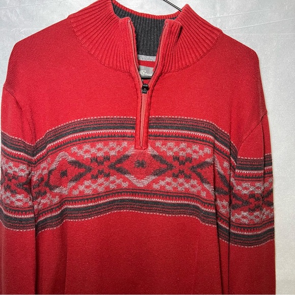 Eddie Bauer Nordic Quarter Zip 100% cotton Sweater In Tartan Red men’s large - Picture 3 of 10